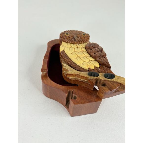 Vintage Owl Secret Wooden Puzzle Box 6" Velvet Lined Gift Key Ring Jewelry - Picture 4 of 11